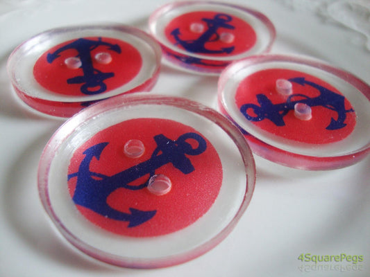 Handmade Resin Buttons, Red Anchors Away Buttons, Buttons for Sewing, Craft Supples, Buttons for Cardigan, Unique Buttons for Knitting DIY